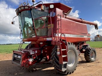 2005 Case IH 2388 Extreme with 36ft 2042 Draper Front on 3 Axle Trailer