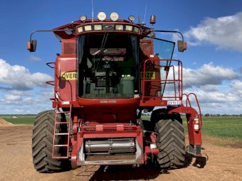 2005 Case IH 2388 Extreme with 36ft 2042 Draper Front on 3 Axle Trailer