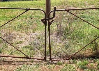 RARE SUNSHINE McKAY PAIR GATES CENTRE-LOCKING ANTIQUE STEEL FARM GATES (MATCHED PAIR)