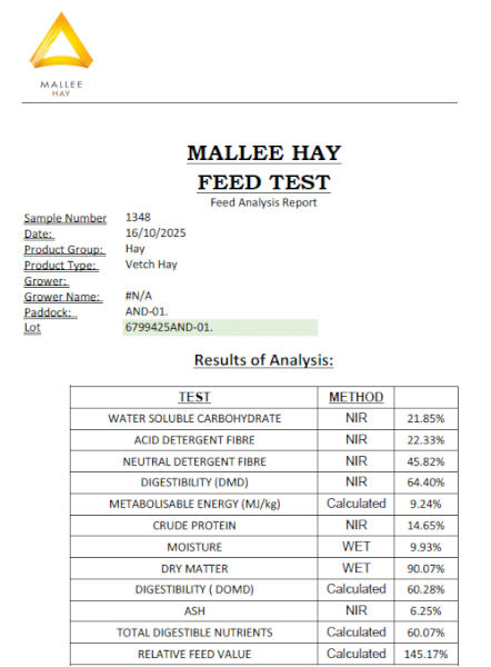1000mt Vetch Oaten Hay Blend 8x4x3 Bales