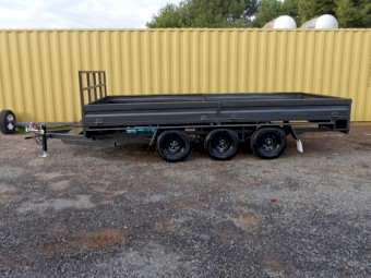 Tri-Axle 16 x 8 ft Flat top Heavy duty Trailer with Head board and Drop sides.