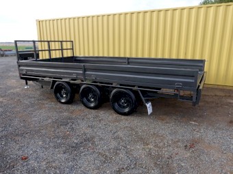 Tri-Axle 16 x 8 ft Flat top Heavy duty Trailer with Head board and Drop sides.
