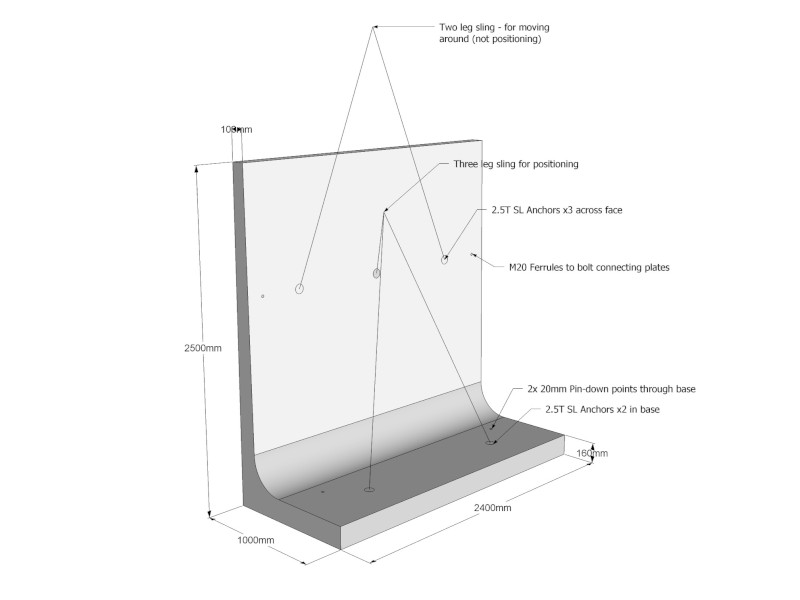 2.5m high L-Block Retaining Walls x 2.4m long x 1.0m wide
